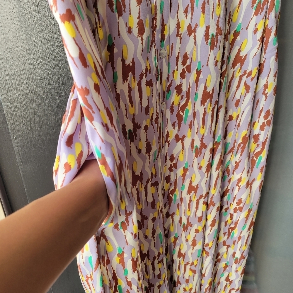 MELLODAY Puff Sleeve Satin Shirtdress Small Maxi Dress Button Down Purple Green - Picture 10 of 14